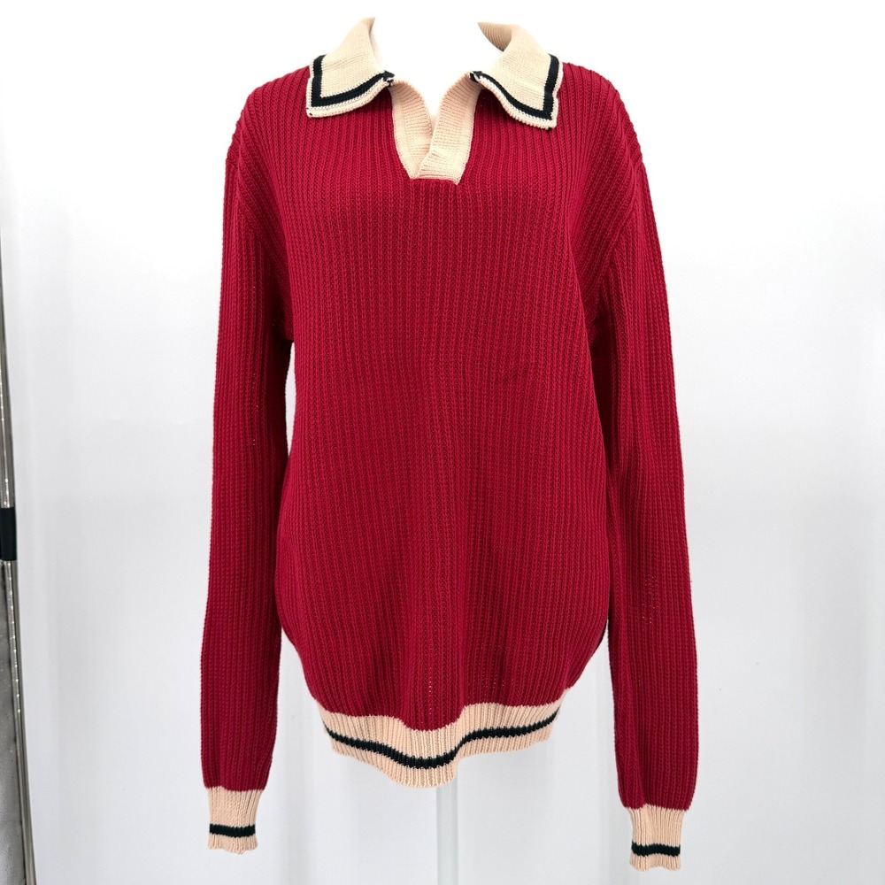 OXKNIT 100% Cotton Long Sleeve Polo Sweater Mod Style Retro Red Medium